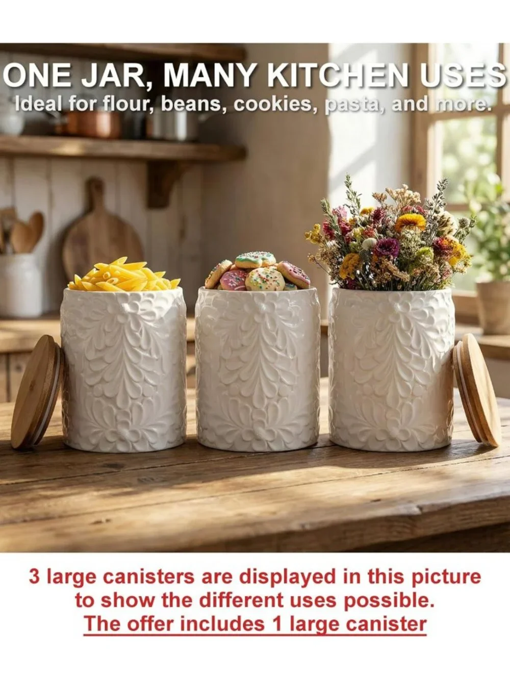XXL 94 Oz Engraved Ceramic Kitchen Canister with Airtight Bamboo Lid - Versatile